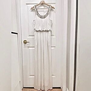 Gorgeous Elegant NWT, Draped-top Beaded Neckline White  Grecian Long Maxi Gown